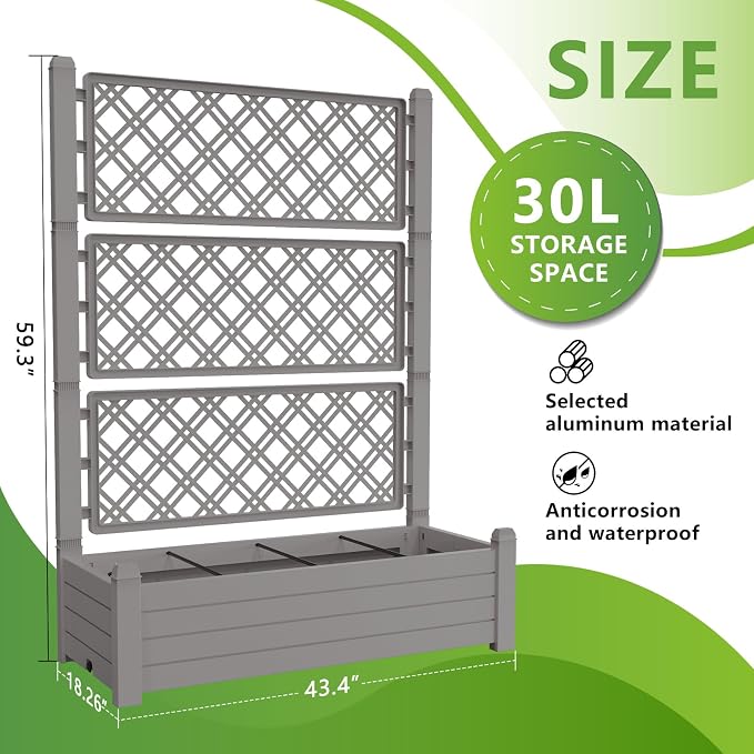 Vixzen 59" Tall Raised Garden Bed,Outdoor Large Resin Planter Box with Trellis and Drain Plug for Climbing Plants,Easy to Assemble,Water Monitor Grey, 43.43"×18.27"×59.29"