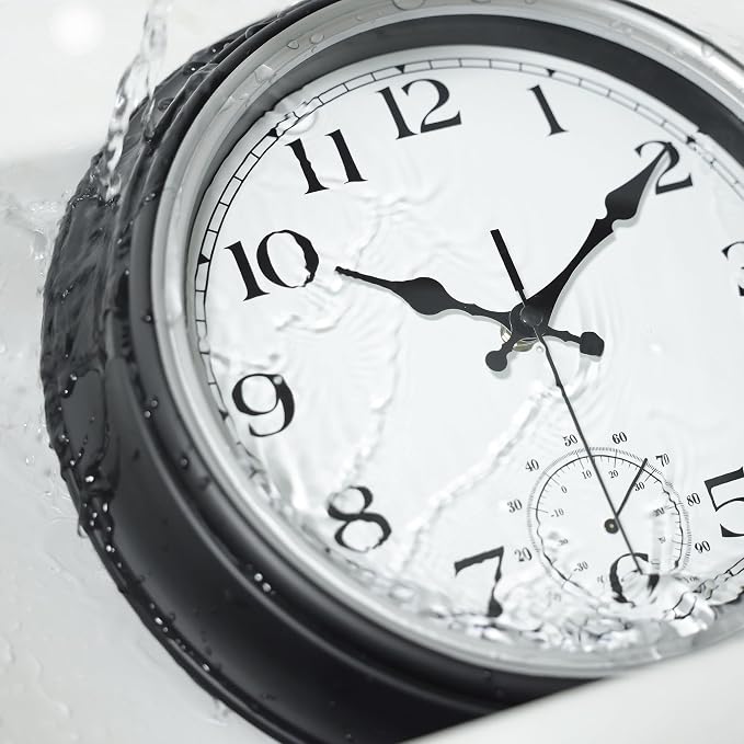 JoFomp Large Waterproof Outdoor Clock with Thermometer Combo - 12 inch Silent Non Ticking Quartz Battery Operated Wall Clock for Patio, Home, Pool, Garden, Porch, Deck (Silver, 12 Inch)