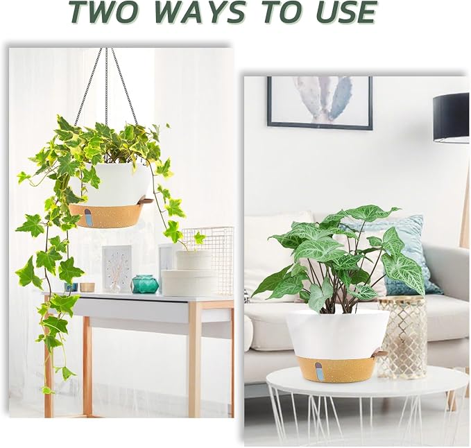 ZMTECH 2 Pack 12 Inch Hanging Planters for Indoor Plants, Large White Self Watering Hanging Planter with Visible Water Level Window & Removable Tray, Modern Flower Pots for Outdoor Patio