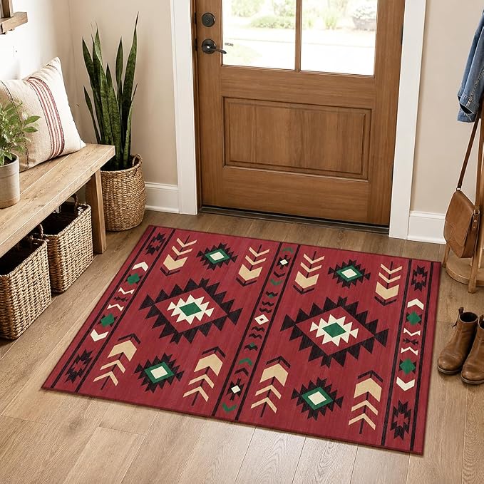 Western Rug 2x3 for Entryway Indoor Mat, Southwestern Aztec Tribal Rugs Southwest Navajo Machine Washable Entrance Rug Non-Slip Printed Low-Pile Entry Floor Carpet Doormat for Bedroom Bathroom, Red