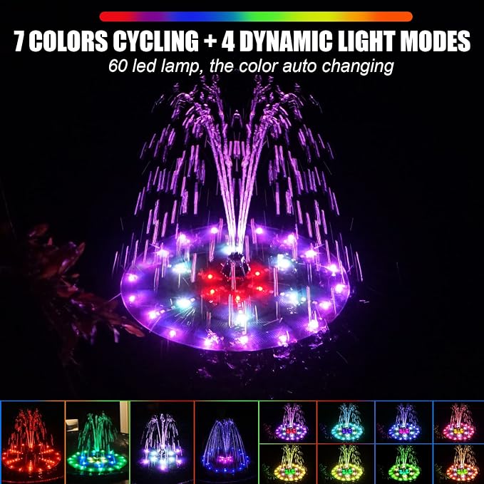 Yzert Upgraded Solar Fountain Bird Bath with 60 LED Lights, Solar Powered Water Fountain Pump with 4000mAh Battery 7 Nozzles 4 Fixers, for Garden Patio Pond Birdbath Pool