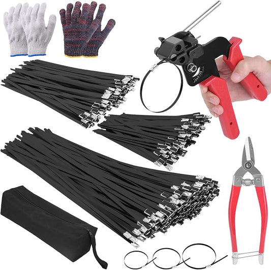 400PCS Metal Zip Ties Gun Kit, 6/8/12 Inch Heavy Duty Metal Zip Ties, Multi-Purpose Self-Locking Cable Tie Tool Set for Vehicles Farms Plants Fences Pipe Bundling, Scissors