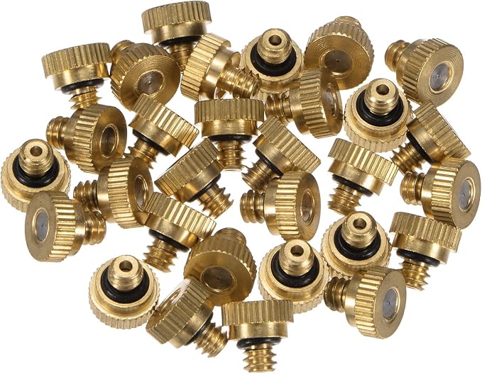 M METERXITY 30-Pack Brass Misting Nozzle, 0.012" 0.3mm Orifice 10/24 UNC O-Ring Replacement Mister Nozzles Plug Mister Heads for Garden Patio Outdoor Cooling System Low-Pressure Atomizing