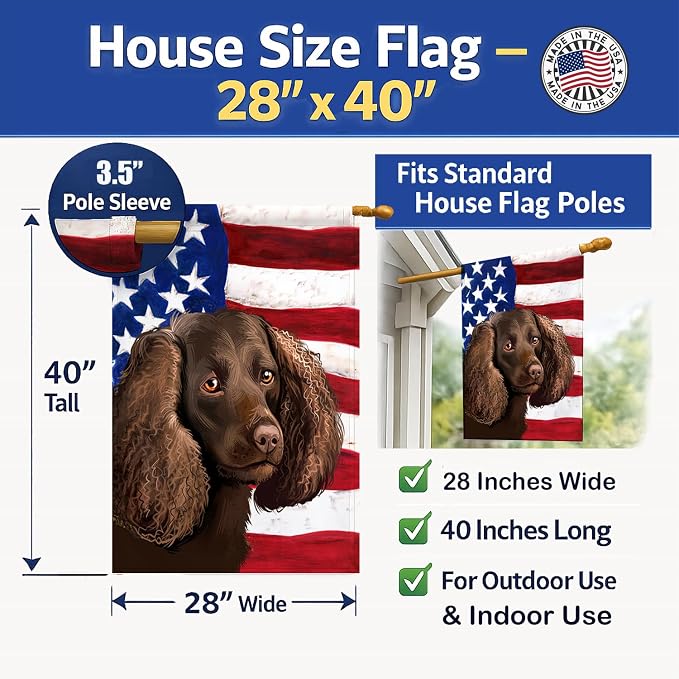 Caroline's Treasures CK6402CHF American Water Spaniel American Flag House Flag Large Porch Sleeve Pole Decorative Outside Yard Banner Artwork Wall Hanging, Polyester, House Size, Multicolor