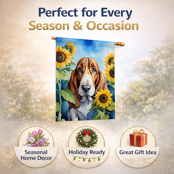 Caroline's Treasures DAC6017CHF Basset Hound in Sunflowers House Flag Large Porch Sleeve Pole Decorative Outside Yard Banner Artwork Wall Hanging, Polyester, House Size, Multicolor