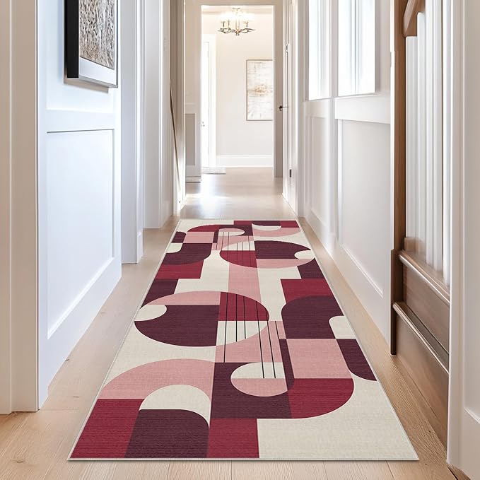 2x6 Burgundy and Pink Geometric Runner Rug for Kitchen Entryway Hallway Dark Abstract Modern Area Rug Machine Washable Non-Slip Carpet for Bedroom Bathroom Bedside