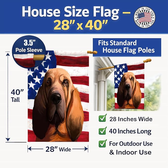 Caroline's Treasures CK6440CHF Bloodhound Dog American Flag House Flag Large Porch Sleeve Pole Decorative Outside Yard Banner Artwork Wall Hanging, Polyester, House Size, Multicolor