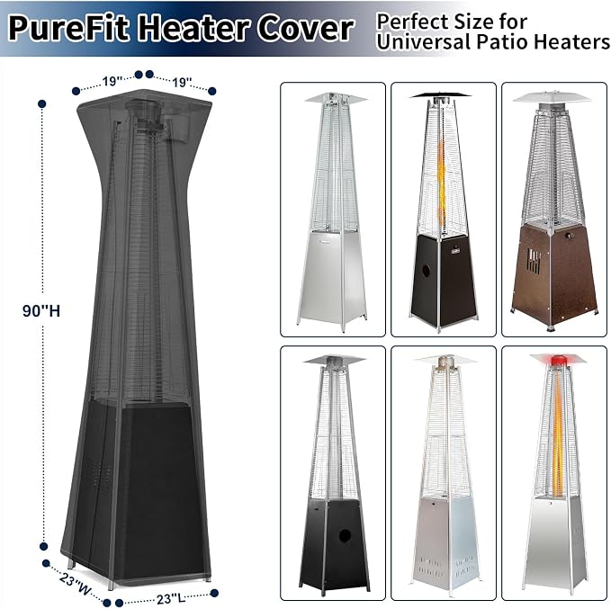 PureFit Waterproof Pyramid Torch Patio Heater Covers with Zipper, Heavy Duty Garden Windproof Heater Protector, UV-Resistant Windproof Standing Heater Covers, Black, 23”L x 23”W x 90”H