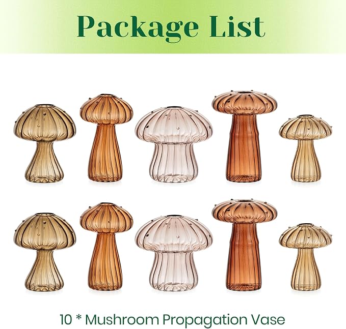 Hewory Glass Mushroom Propagation Stations: Set of 10 Unique Propagation Jars Glass Planter for Indoor Plants Home Decor - Brown Mushroom Vase Christmas Birthday Gifts for Plant Lovers Women Girls