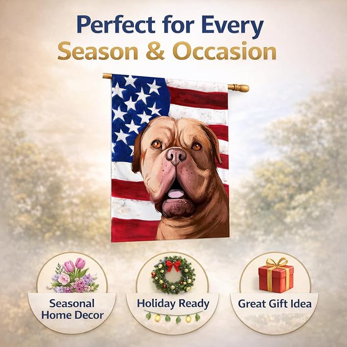 Caroline's Treasures CK6505CHF Dogue de Bordeaux Dog American Flag House Flag Large Porch Sleeve Pole Decorative Outside Yard Banner Artwork Wall Hanging, Polyester, House Size, Multicolor