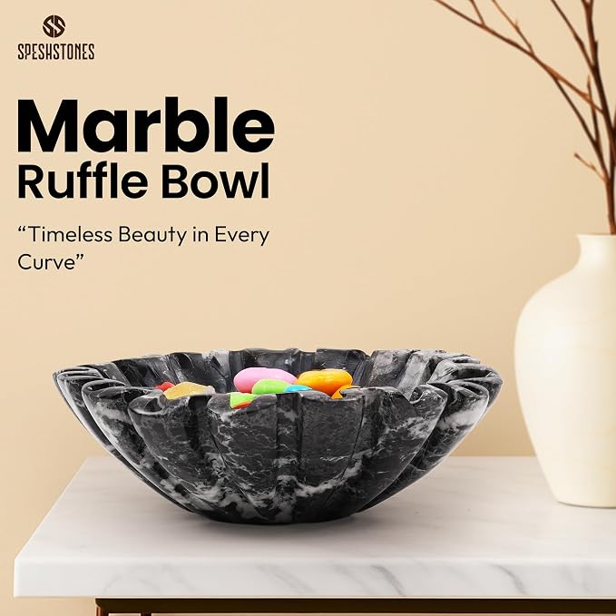 Marble Decorative Bowl Handmade 8 Inch Black Ruffle Bowl, Fruit Bowl for Kitchen Counter, Large Scalloped Bowls for Housewarming Gifts, Modern Fluted Bowl for Home Decor