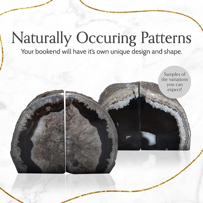Nature's Decorations A Quality Black Agate Geode Bookends - Heavy Duty with Non-Skid Rubber Bumpers for Shelves, Office, Home Decor - Cool Crystal Stone (1 Pair 2-3 LB)