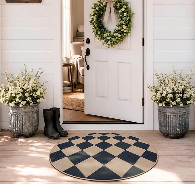 Lahome Colette Checkered Round Rug 3ft, Circle Indoor Outdoor Entryway Patio Rug Washable Easy Jute Rug, Farmhouse Non Slip Small Round Rugs for Bedroom Porch Living Room Decor