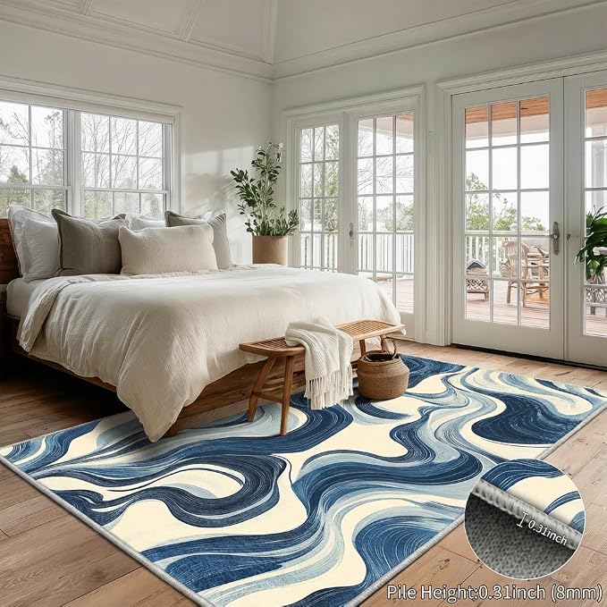 Blue and White Wave Area Rug 5x7 Modern Wavy Stripes Rugs for Living Room