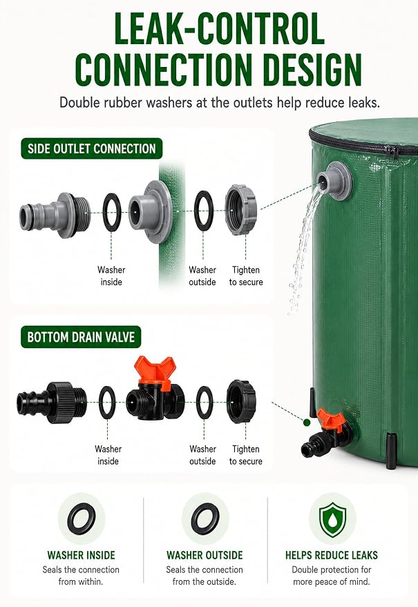 132 Gallon Collapsible Rain Barrel, Rain Water Collection Barrel System Kit, Collapsible Water Tank with 2 Spigots and Overflow Kit, Portable Rain Water Catcher for Garden, Green