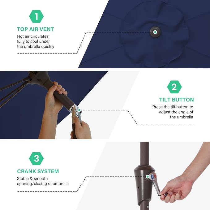 JEAREY 9FT Outdoor Patio Umbrella,Market Table Umbrella with 8 Fiberglass Ribs, Pool Umbrella with Tilt and Crank, UV Protection Lightweight & Wind-Resistant for Lawn, Garden, Deck and Backyard, Navy