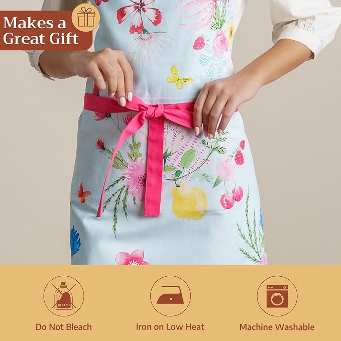 Maison d' Hermine Aprons for women with Pocket 100% Cotton (27.50"x31.50") | Adjustable Neck Strap & long ties Apron Men Chef Wedding Cooking Gardening Server Maid