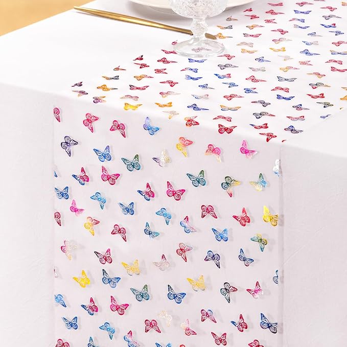 Socomi Butterfly Spring Table Runner Gauze Easter Seasonal Holiday Dining Table Decoration for Indoor Outdoor Home Party Decor 108 inch 1pc