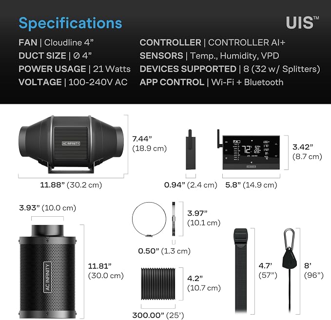 AC Infinity Air Filtration PRO Kit 4”, AI Controller with WiFi App Control. | Inline Fan and Carbon Filter Combo, Cooling and Ventilation System for Grow Tents, Hydroponics, Indoor Gardening