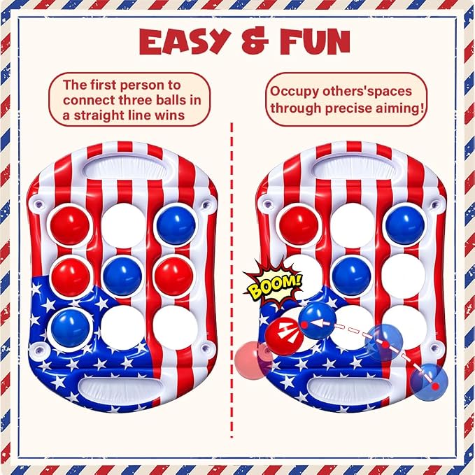 Pool Toys Games Set, Tic-Tac-Toe Inflatable Pool Toy with 10 Balls, American Flag Floating Board Swimming Pool for Adults Teens Kids Summer Water Ball Toys