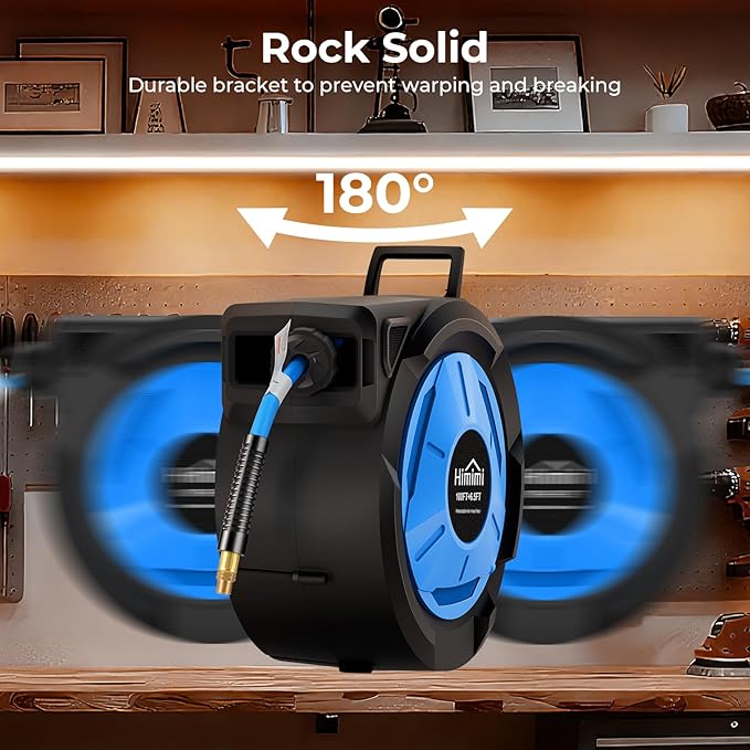 Retractable Air Hose Reel, 3/8" x 100 Ft Hybrid Hose Air Compressor Hose Reel with 6.5 Ft Lead-in Max 300 PSI, Air Hose with Any Length Lock, Automatic Rewind, 180° Swivel Bracket, Quick Coupler