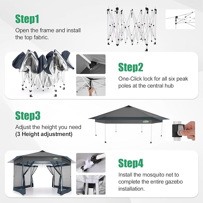 COBIZI 14x14 Pop Up Gazebo Tent with Mosquito Netting, Gazebos on Clearance, Hexagonal Outdoor Canopy Shelter, Patented Center Lock 6-Sided Portable Gazebos, Pop Up Canopy Tent for Backyard, Gray