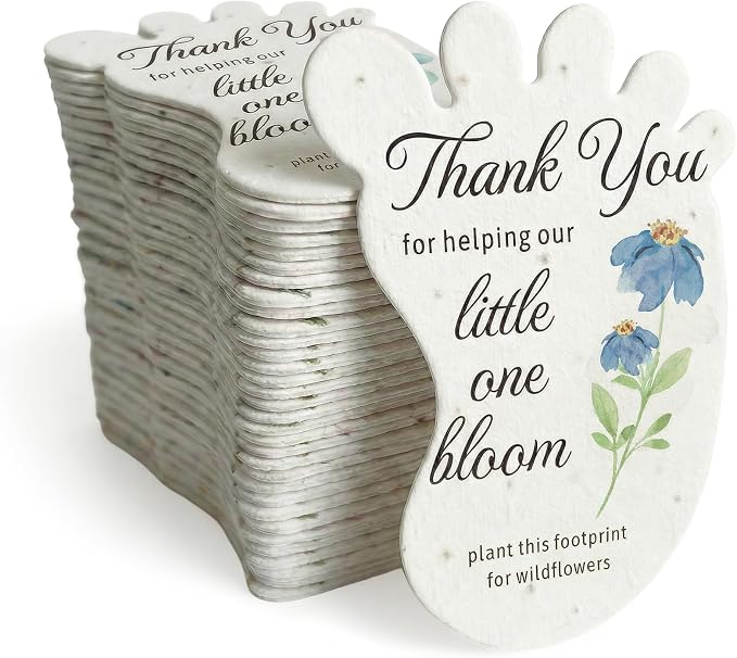 24pcs Blue Footprint-Shaped Gift Tags with Wildflower Seeds - Writable Gift Wrap Tags for Baby Showers, Mother's Day Present, Party Favors, DIY Crafts, & Earth Day Decorations