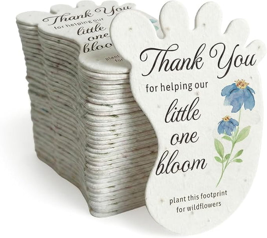 24pcs Blue Footprint-Shaped Gift Tags with Wildflower Seeds - Writable Gift Wrap Tags for Baby Showers, Mother's Day Present, Party Favors, DIY Crafts, & Earth Day Decorations