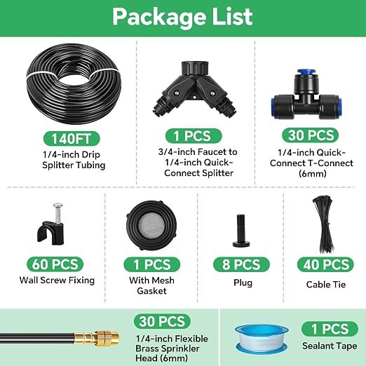 140Ft 1/4" Drip Irrigation System for Garden – 30 Adjustable Copper Nozzles, Automatic Atomizing Sprinkler System for Outdoor Plants Raised Bed, Yard, Potted Plants & Lawn