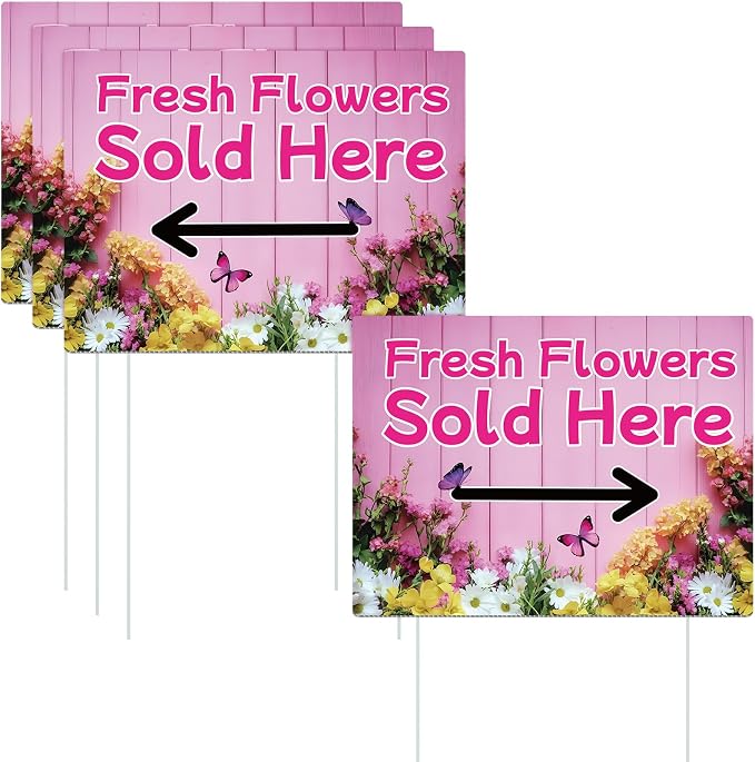 Pinkunn 3 Pack 16 x 12 Inch Fresh Flowers Sold Here Yard Signs with Stakes Double Sided Weatherproof Garden Signs for Shops, Markets Events