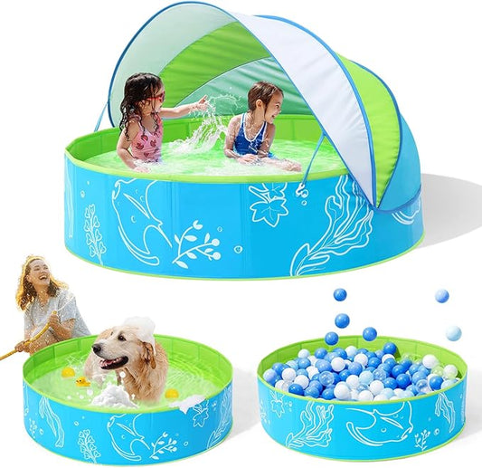 Hikiddy Foldable Kiddie Pool with Canopy, 47in, Blue-Green | for Baby Toddler Kids Pets - Summer Water Play Pool with Removable Shade - Portable for Outdoor Backyard Beach