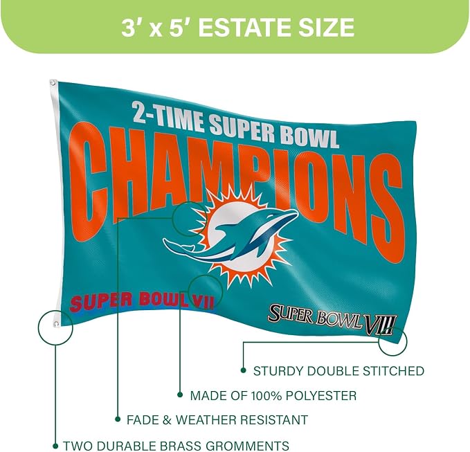 Team Sports America NFL Miami Dolphins Multi-Win Superbowl Champions 3x5 Flag for Outside with Grommets | Outdoor & Indoor | Heavy Duty Flag & Banner | Works with Flag Pole for Outside House
