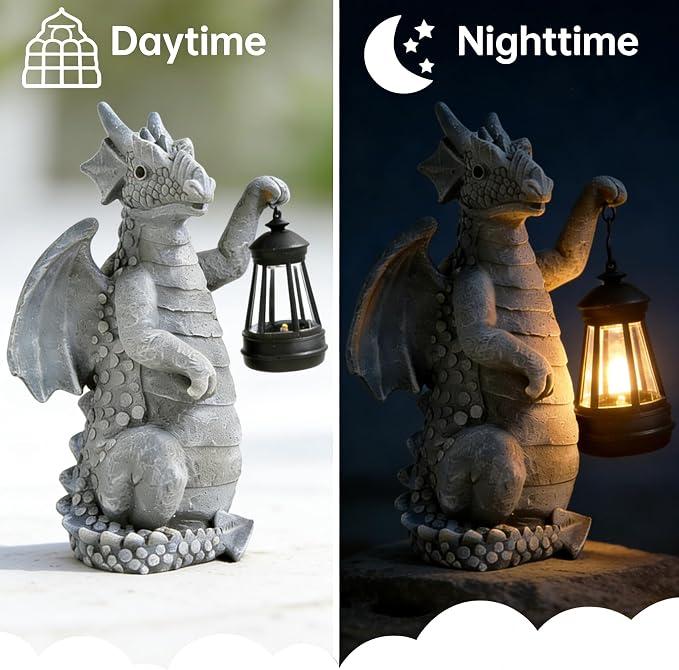 Solar Dragon Outdoor Statue, Dragon Figurine Light, Yard Decor for Patio | Solar Auto Lighting Weather Resistant Resin Wire-Free Outdoor Decor Ideal Gift Garden & Patio Ornament