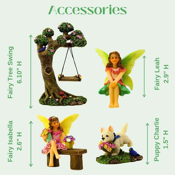 PRETMANNS Fairies for Fairy Garden Outdoor - Miniature Fairy Figurines Set with Tree Swing & Puppy - Indoor Outdoor Fairy Garden Accessories Kit - Starter Supplies for Fairy Village