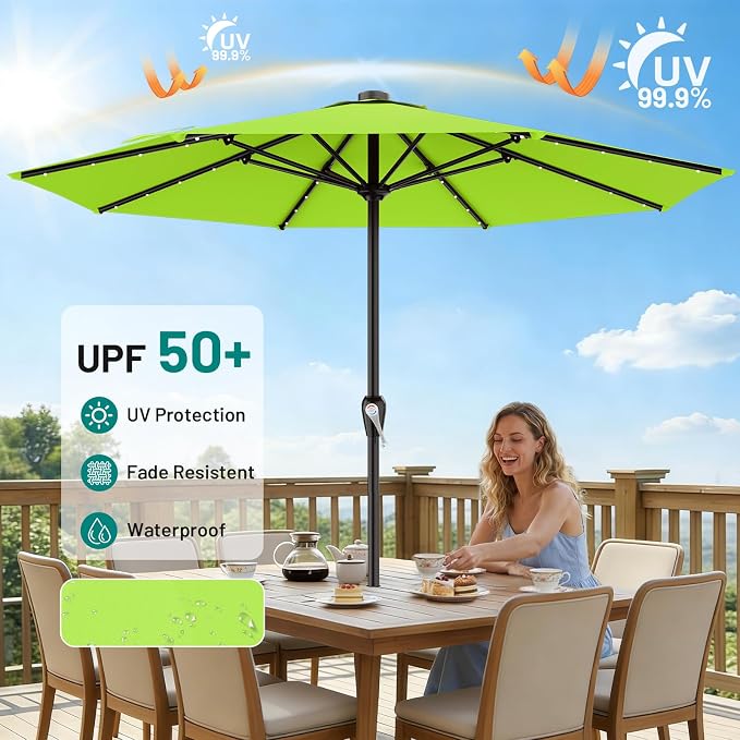 AreShark 12FT Large Patio Umbrella with Solar Lights, Solar Powered Outdoor Umbrella with Crank, Patio Table Market Umbrellas for Garden, Deck, Backyard, Pool and Beach, Apple Green