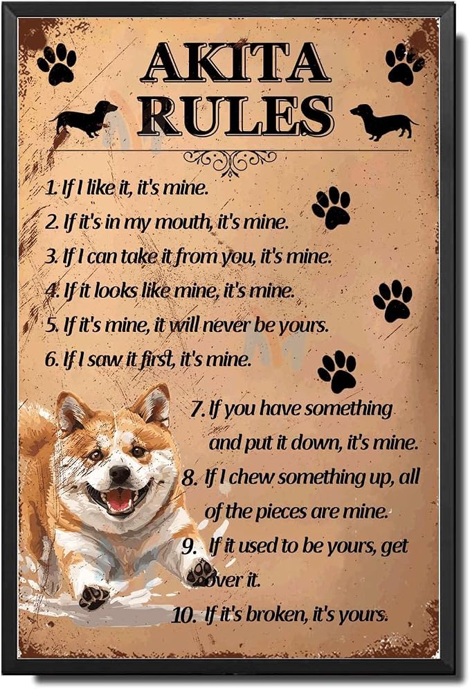 Metal Sign Tin Sign Vintage Wall Art Akita Rules Wall Art for Home Decor 12×16 Inches with Metal Frame