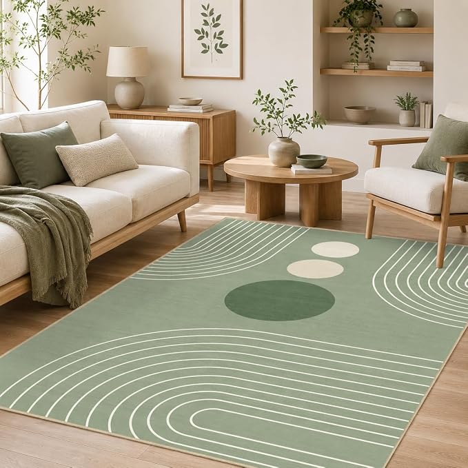 Boho Rug 4x6 Modern Geometric Minimalist Abstract Area Rug for Living Room Sage Green Mid Century Modern Contemporary Machine Washable Non-Slip Printed Low-Pile Carpet Dining Room Bedroom Office