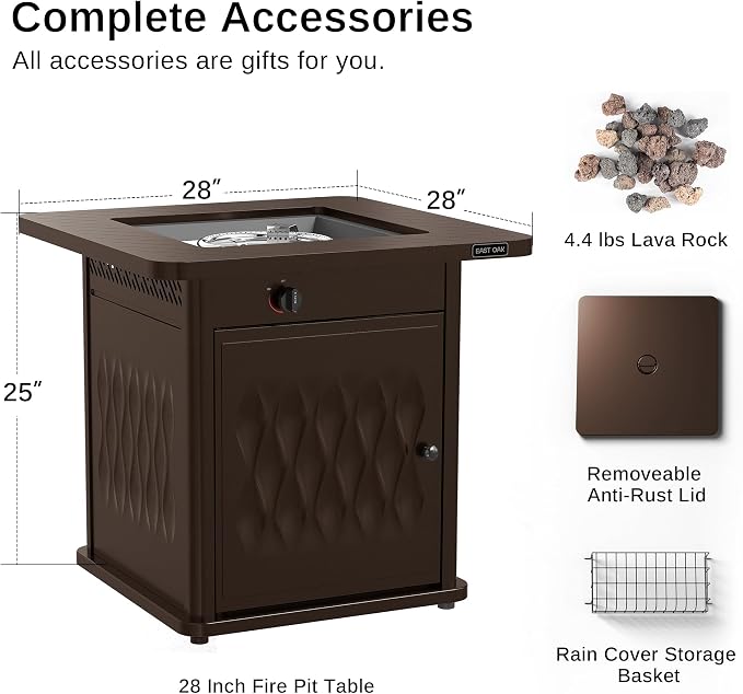 EAST OAK 28'' Propane Fire Pit Table, 50,000 BTU Steel Gas FirePit for Outdoor, Outside Patio Deck and Garden, CSA Certified Fire Table with Magnetic Lid, Cover-Storage Basket and Lava Rock , Brown