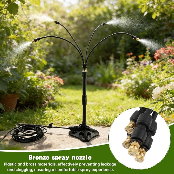 Standing Misters for Outside Patio, 35Inch Adjustable Height Misting Sprinkler with 4 Nozzles, Cooling Misting System Line 26.25FT, Anti-Leak Design, Outdoor Mister for Garden, Backyard, BBQ