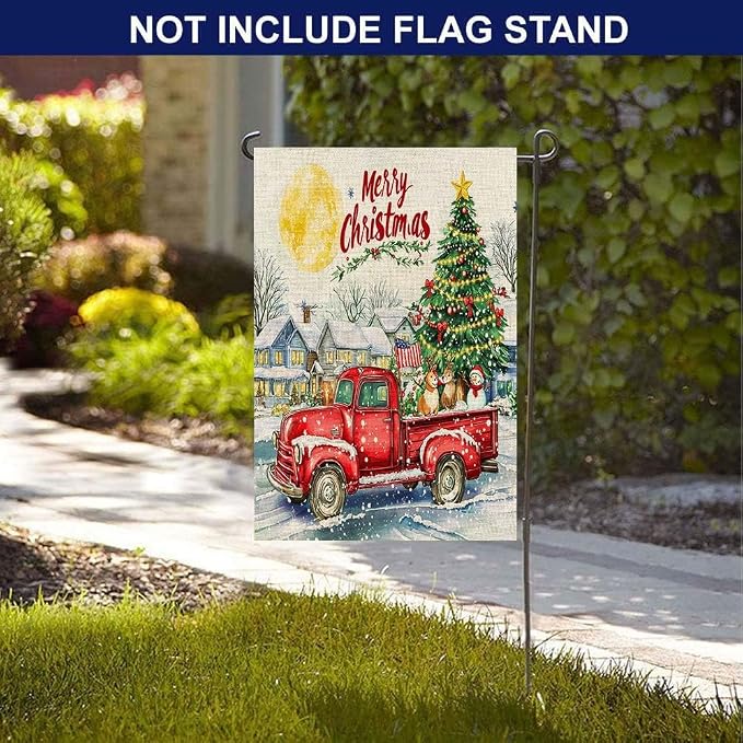 EMMTEEY Truck Garden Flag Red Truck with Christmas Tree House Burlap Garden Flags 12.5X18 Small Christmas Flag Double Sided Winter Garden Flags for Outside Outdoor Garden Flags for Winter Decoration