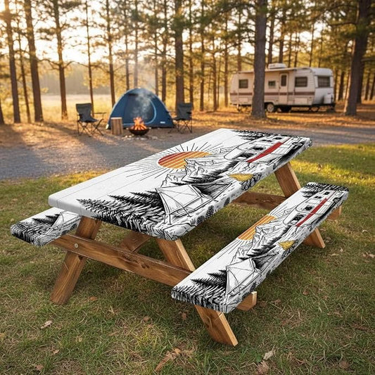 Picnic Table and Bench Covers Set Camping Essentials - Vintage Retro Mountain Camper Waterproof Windproof Tablecloth, Camping Accessories with Drawstring Bag Fits for Camping Picnic, 30X72 inch