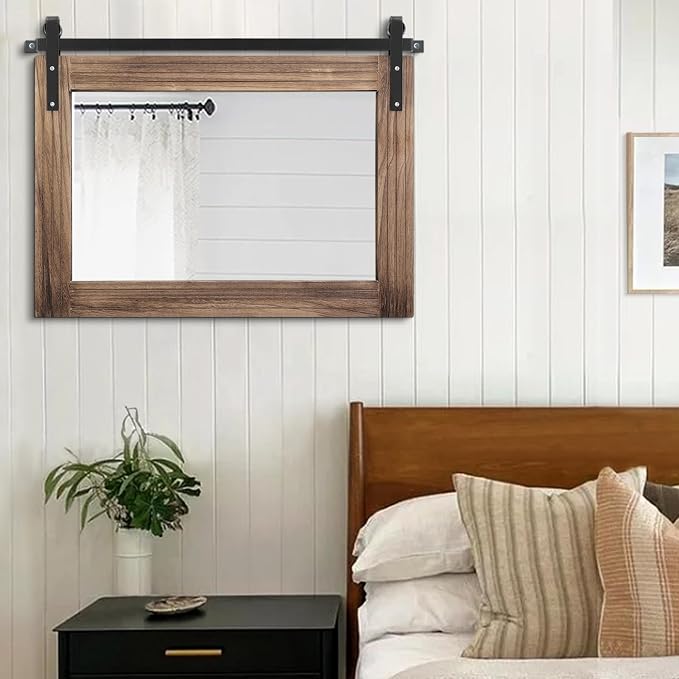 AAZZKANG Wood Mirror Rectangle Large Rustic Wall Mirror 18"x26" with Framed Bedroom Living Room Bathroom Hanging Mirror Horizontal