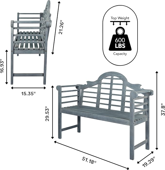 JONATHAN Y Lutyens 51" Acacia Wood Outdoor Bench, 2-Person Garden Bench with Arched Slatted Back and Armrests for Patio, Porch, Backyard, 600 lbs Capacity, Gray Finish BNH103B