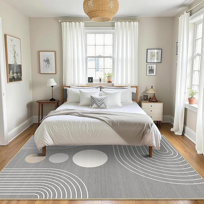 Area Rug 5x7 Boho Modern Minimalist Geometric Abstract Rug Grey Mid Century Modern Rug for Living Room Machine Washable Non-Slip Printed Low Pile Indoor Carpet for Bedroom Dining Room Office Gray