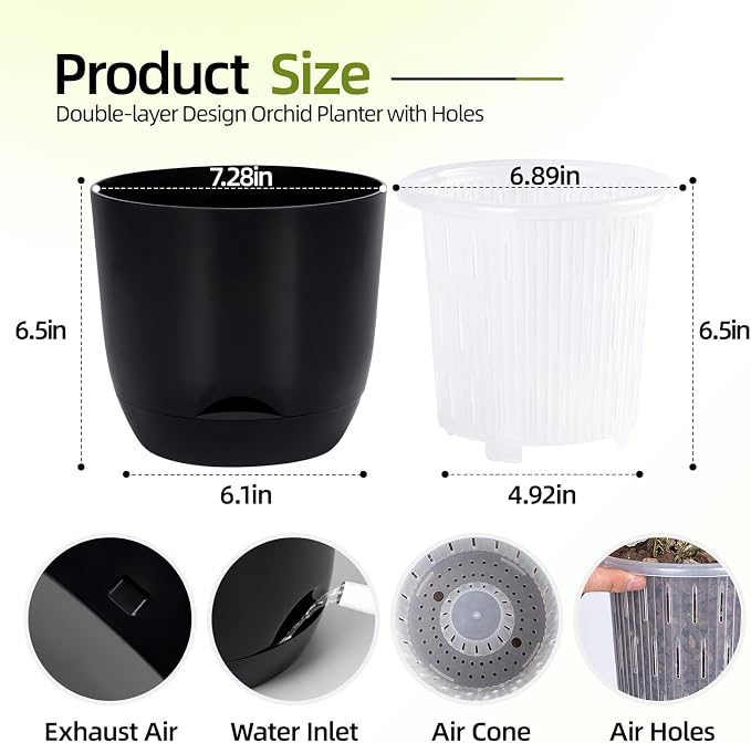 QCQHDU 7.2Inch Orchid Pots with Holes for Repotting, Double-Layer Plastic Self Watering Flower Pots for Indoor Plants with Drainage Holes, Clear Orchid Pot Match Decorative Orchid Container, 5 Packs
