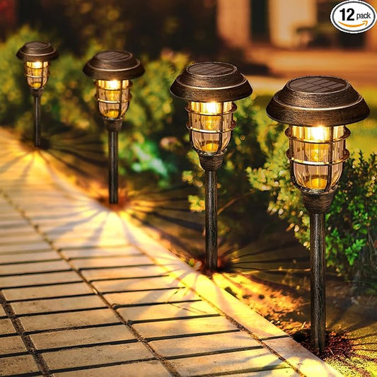 LETMY Solar Outdoor Lights, 12 Pack Bright Solar Pathway Lights Outdoor Waterproof, Up to 15 Hrs Auto On/Off Solar Garden Lights Outdoor Solar Lights for Yard Patio Walkway Driveway Pathway - Bronze