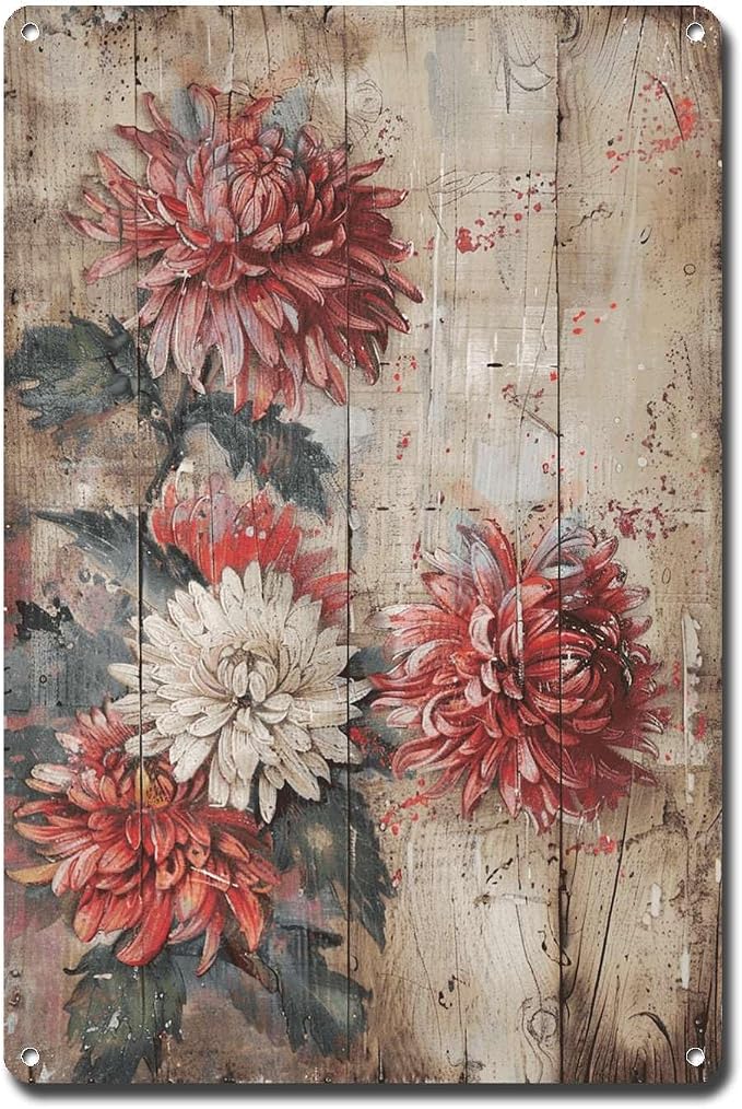 Metal Sign Tin Sign Vintage Wall Art Rustic Chrysanthemums Tin Sign for Distressed Wood Surfaces Vintage Aesthetics and Corrosion Resi Bar Signs for Home Decor for Room 8×12 Inches