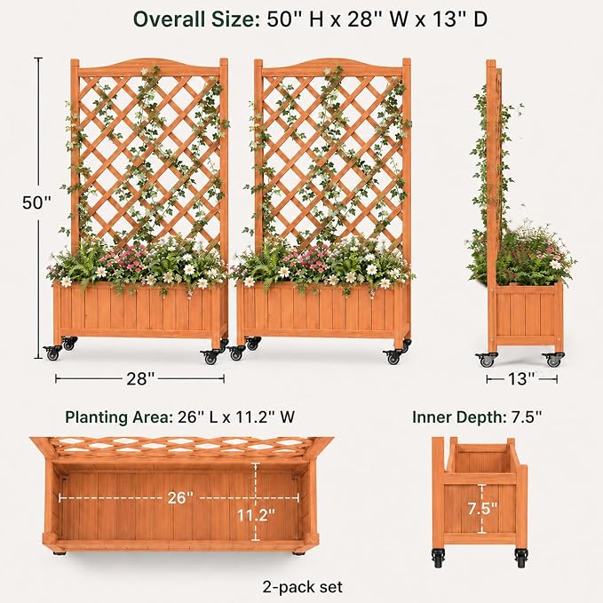 2 Pack Trellis Raised Garden Bed with Wheels, 50" Tall Wooden Planter Box with Trellis, Lattice Privacy Screen with Drainage Holes for Patio Balcony Garden