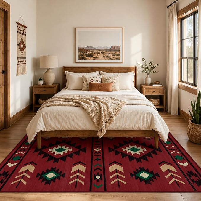 Area Rug 5x7 Western Rug Living Room Southwestern Aztec Tribal Rugs Southwest Navajo Machine Washable Non-Slip Printed Low-Pile Floor Carpet for Bedroom Dining Room Office, Red