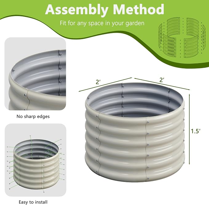 2PCS 2x2x1.5FT Galvanized Raised Garden Bed Kit,Vegetable Boxes-Round Metal Flower Box,Large Planter Raised Beds Outdoor Garden for Planting,Fruit,Herb-White 0.8mm